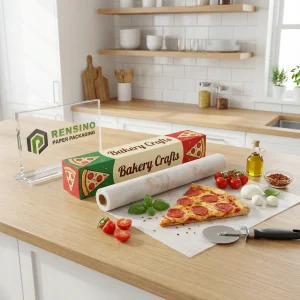 Papier ciré imprimé avec illustration de pizza et texte de boulangerie, adapté pour l'emballage alimentaire, design personnalisé disponible