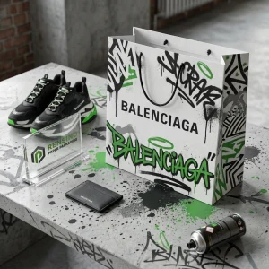 Sacchetto di carta con motivo graffiti bianco e verde con stampa del logo, adatto per regali o imballaggio al dettaglio, stampa del logo personalizzata disponibile