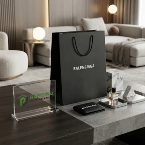 Sac en papier noir avec logo et poignée, adapté pour l'emballage cadeau ou de vente au détail, design minimaliste, service OEM/ODM disponible