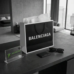 Sac en papier noir avec texte imprimé “BALENCIAGA” et poignées en corde, adapté pour l'emballage de cadeaux ou le commerce de détail, service OEM/ODM disponible