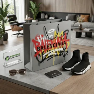 Sacchetto di carta con motivo graffiti grigio, logo nero e manici, adatto per imballaggio regalo o al dettaglio, design personalizzato disponibile