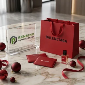 Sacchetto regalo in carta rossa e nera con logo e accessori, adatto per imballaggio cosmetico o regalo, stampa logo personalizzata disponibile