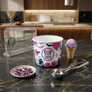 Scatola di imballaggio in carta stampata con design a tema Halloween, adatta per imballaggio di gelato o dessert, servizio OEM/ODM disponibile
