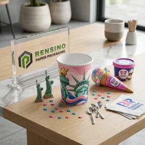 Pink Paper Cup with Printed Statue of Liberty and Ice Cream Pattern, Suitable for Food or Retail Packaging, Custom Design Available