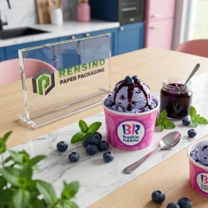 Pink Paper Ice Cream Packaging Cup with Baskin Robbins Logo and Blueberry Imagery for Food Packaging, Custom Logo Printing Available