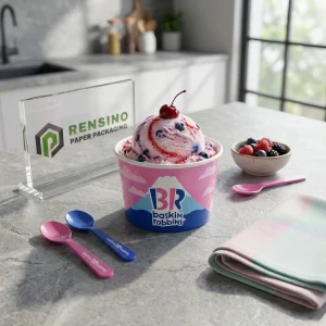 Pink and Blue Printed Paper Ice Cream Cup with Baskin Robbins Logo, Suitable for Food Packaging, Custom Design Available