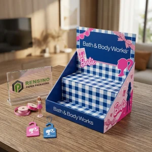 Boîte d'affichage cadeau bleu et rose avec thème Barbie, adaptée pour l'emballage de vente au détail et promotionnel