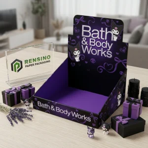 Scatola espositiva in carta viola con design di personaggi cartone, adatta per regali, vendita al dettaglio o imballaggio cosmetico, personalizzabile con stampa del logo