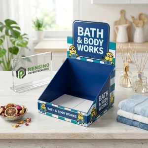 Scatola espositiva di carta blu con motivo Minions, adatta per vendita al dettaglio o imballaggio regalo, design personalizzato disponibile