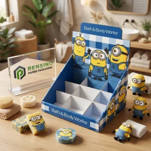 Blaue Papier-Display-Box mit Minions-Muster, geeignet für Geschenke oder Einzelhandelsanzeigen, anpassbare Verpackungslösung