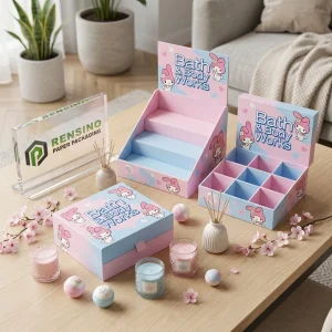 Boîtes d'affichage en papier rose et bleu avec motif de lapin, adaptées pour l'emballage de cadeaux ou de vente au détail