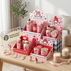 Scatole espositive rosse e rosa con motivo di personaggi cartone e cuori, stampa del logo personalizzata disponibile