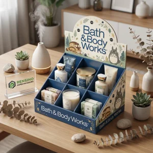 Blaue Papier-Display-Box mit Bath & Body Works-Branding, geeignet für Geschenke und Einzelhandelspräsentation, anpassbares Design