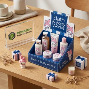 Scatola regalo di carta blu con personaggio coniglio, adatta per cosmetici o imballaggio regalo, design personalizzato disponibile