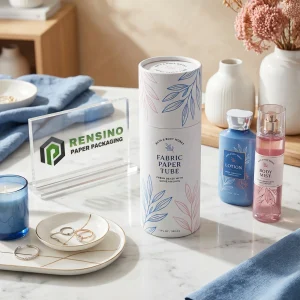 White Fabric Paper Tube Packaging with Blue and Pink Leaf Pattern, Suitable for Fabric or Gift Packaging, OEM/ODM Service Available