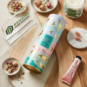 Printed Pastel Fabric Paper Tube with Gold Animal and Bird Pattern, Suitable for Fabric or Gift Packaging, Custom Design Available