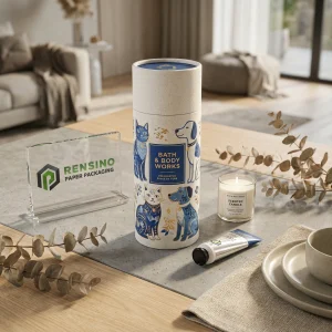 Printed Fabric Paper Tube Packaging with Blue and Beige Cat and Dog Illustrations, Suitable for Fabric or Gift Packaging, OEM/ODM Service Available