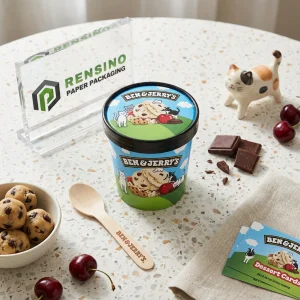 Blaues und grünes bedrucktes Papierverpackung mit Eiscreme- und Keksillustration für Lebensmittelverpackungen, individuelles Design verfügbar