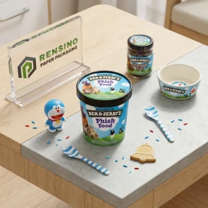 Blau und schwarz bedruckte Papierverpackung mit Eiscreme- und Keks-Muster für Lebensmittelverpackungen, maßgeschneiderte Designs verfügbar