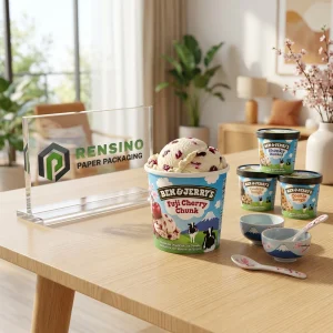 ブランド印刷とチェリーのイラストが描かれた青い紙アイスクリーム包装カップ、食品包装に適しており、カスタムデザインが可能