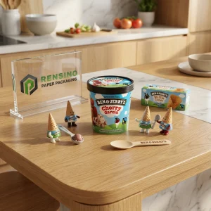 Blaues und schwarzes Papierlebensmittelverpackung mit Eiscreme- und Waffelcone-Motiv, geeignet für Lebensmittelverpackungen, individueller Druck verfügbar