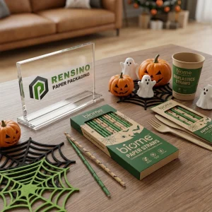 Grüne und Kraft bedruckte Papierstrohhalme mit Halloween-Spinnennetzmuster für Getränkeverwendung, individuelles Design verfügbar
