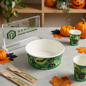 Green Printed Paper Bowl with Halloween Pumpkin and Bat Pattern for Food Packaging, Custom Design Available