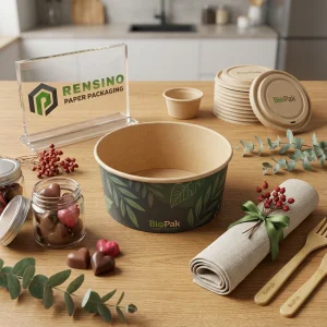 Green and Kraft Printed Paper Bowl with Leaf Pattern and “BioPak” Text for Food Packaging, Custom Design Available