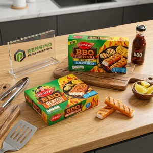 Boîte d'emballage alimentaire en papier imprimé de marque Birds Eye avec des images de filet de poisson et de fruits de mer, adaptée pour l'emballage de poisson grillé ou de fruits de mer, service OEM/ODM