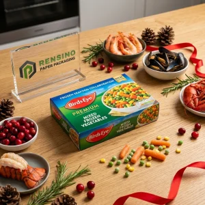 Boîte d'emballage alimentaire en papier imprimé rectangulaire vert Birds Eye avec image de légumes congelés mélangés, adaptée pour l'emballage alimentaire, service OEM/ODM