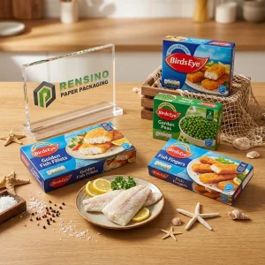 Boîte d'emballage en papier imprimé de la marque Birds Eye avec des images de nourriture, adaptée pour les filets de poisson, les bâtonnets de poisson et les petits pois, conception personnalisée et service OEM/ODM disponibles