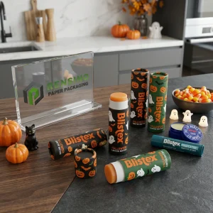 Orange and Black Paper Lip Balm Tube Packaging with Halloween Pumpkin and Ghost Pattern, Suitable for Cosmetic or Gift Use, Custom Design Available