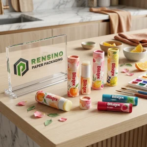 Empaque de tubo de bálsamo labial impreso con ilustraciones de frutas, adecuado para uso cosmético o de regalo, impresión de logo personalizada disponible