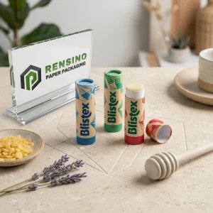 Multicolor Paper Lip Balm Tube Packaging with Printed Stylized Text, Suitable for Cosmetic or Personal Care Use, Custom Design Available