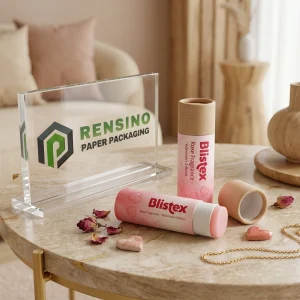 Imballaggio in tubo di balsamo labbra rosa con motivo a cuore, adatto per uso cosmetico o regalo, stampa logo personalizzata disponibile