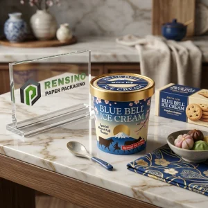Blaues und goldenes Papierröhren-Eiscreme-Verpackung mit Mount Fuji und Kirschblütenmuster, geeignet für Lebensmittelverpackungen, individuelles Design verfügbar