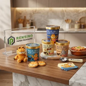 Blau und Gold Bedruckte Papier-Eiscreme-Verpackungsbox mit Garfield und Cartoon-Hund-Illustrationen, Geeignet für Lebensmittelverpackungen, Individueller Logo-Druck Verfügbar