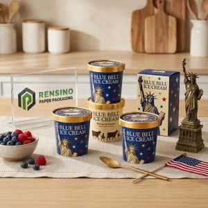 Blaues und goldenes Papiereisbecher mit Freiheitsstatue und Sternenmuster, geeignet für Lebensmittelverpackungen, individueller Logodruck verfügbar