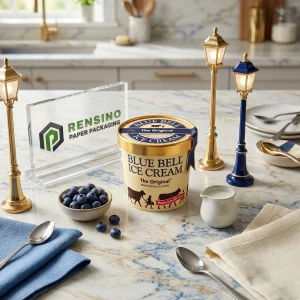 Blaue und goldene Papier-Eiscremebecherverpackung mit bedrucktem “BLUE BELL ICE CREAM”-Text und Kuhsilhouettenmuster, geeignet für Lebensmittelverpackungen, maßgeschneiderte Designs verfügbar