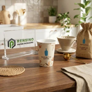 Tazza di caffè in carta con design di bottiglia blu, personalizzabile per imballaggio di bevande e regali