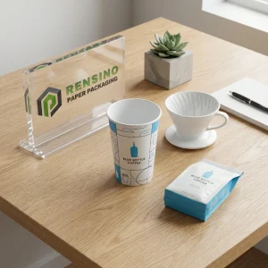 Copo de Papel Branco com Padrão de Garrafa Azul, Adequado para Embalagem de Café e Uso Promocional, Personalizável com Logotipo