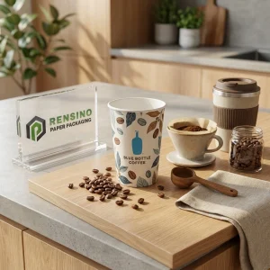 Gobelet en papier blanc avec motif de grain de café et de feuille, impression de logo personnalisée disponible