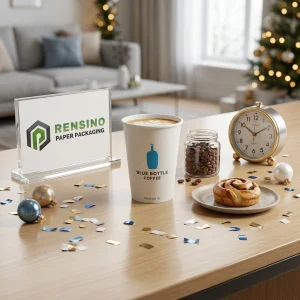 ブルーボトルデザインの白い紙製カップ、コーヒーパッケージングやギフト用に適しており、ロゴ印刷でカスタマイズ可能