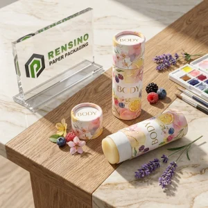 Embalaje de tubo de bálsamo labial de papel con patrón floral impreso y texto, adecuado para uso cosmético o de regalo, servicio OEM/ODM disponible