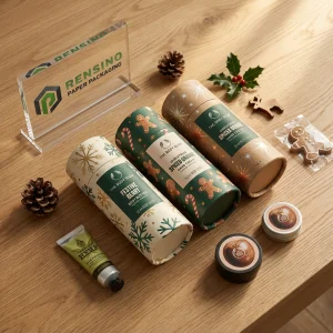Printed Kraft Fabric Paper Tube Packaging with Gingerbread and Snowflake Patterns, Suitable for Fabric or Gift Packaging, Custom Design Available