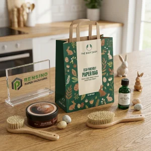 Green and Kraft Paper Bag with Floral and Rabbit Pattern, Custom Logo Printing Available
