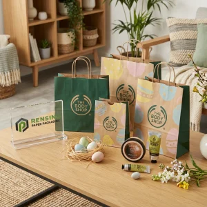 Grüne und Kraftpapier-Einkaufstaschen mit bunten Mustern und Logodruck, individuelle Verpackungslösungen