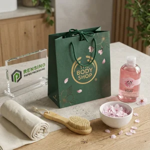Grüner Papiertüten mit Blumenmuster, geeignet für Kosmetik- oder Geschenkverpackungen, individuelles Design verfügbar