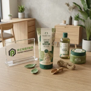 Printed Green and Beige Fabric Paper Tube Packaging with Leaf Pattern, Suitable for Fabric Use, Custom Logo Printing Available