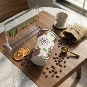 Gobelets en papier avec motifs floraux, adaptés à l'emballage de café ou de cadeaux, designs personnalisés disponibles.